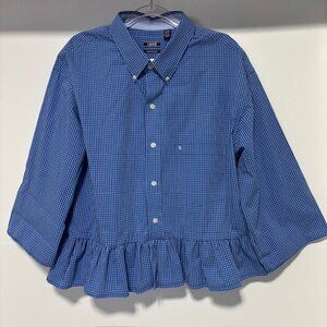 Izod 2 XLT Blue Gingham Ruffle Blouse Button Down Tailored Preppy 3/4 Sleeve